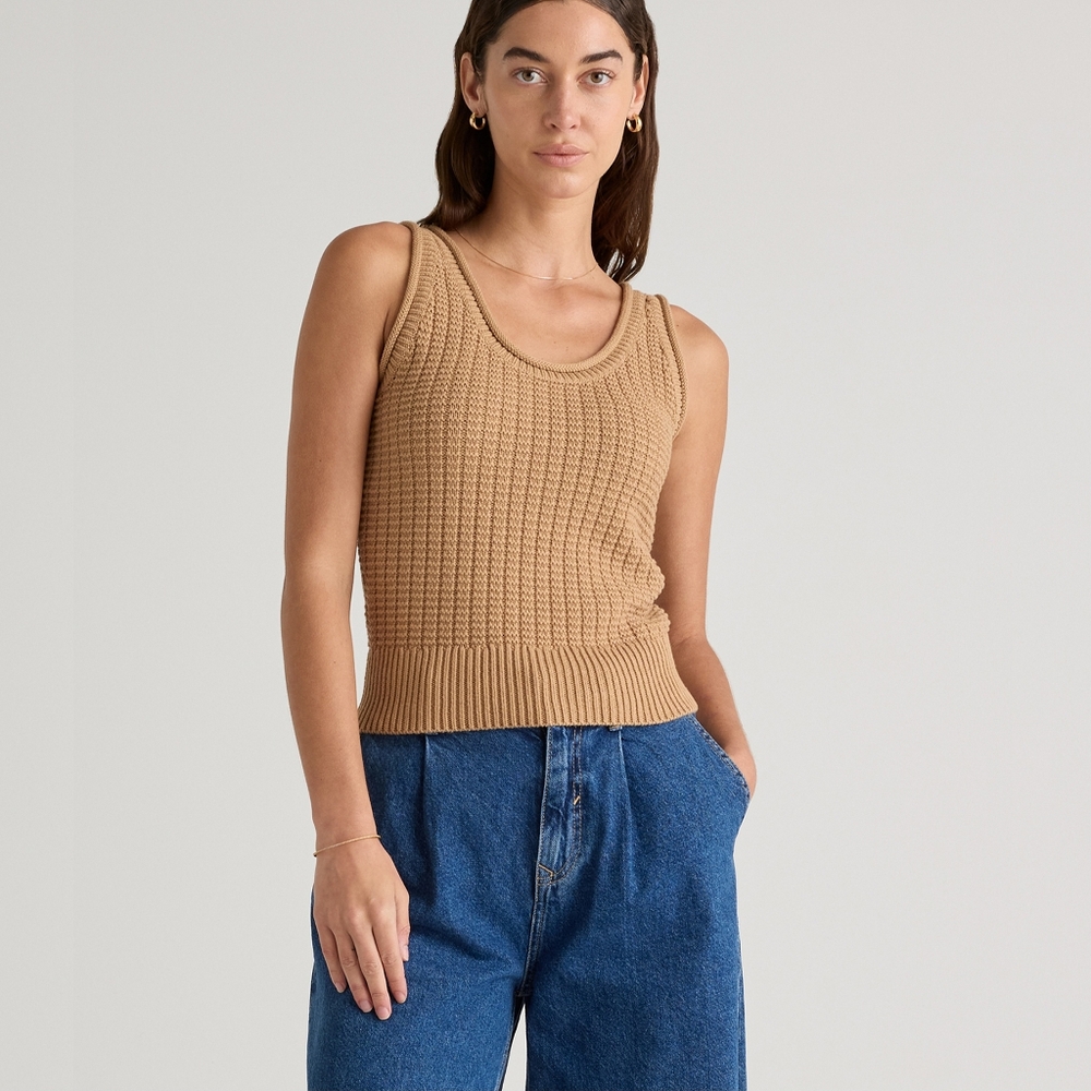 Quince 100% Organic Cotton Waffle Knit Sweater Tank Vest Size S Camel Layering